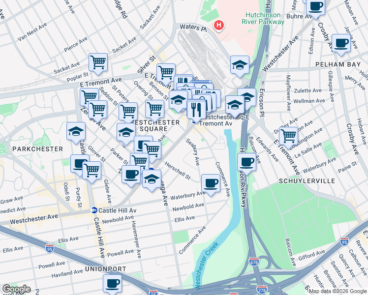 map of restaurants, bars, coffee shops, grocery stores, and more near 2500 Westchester Avenue in Bronx