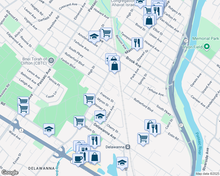 map of restaurants, bars, coffee shops, grocery stores, and more near 22 Evergreen Drive in Clifton