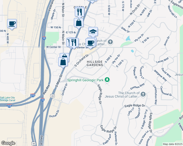 map of restaurants, bars, coffee shops, grocery stores, and more near 165 Kingdon Lane in North Salt Lake