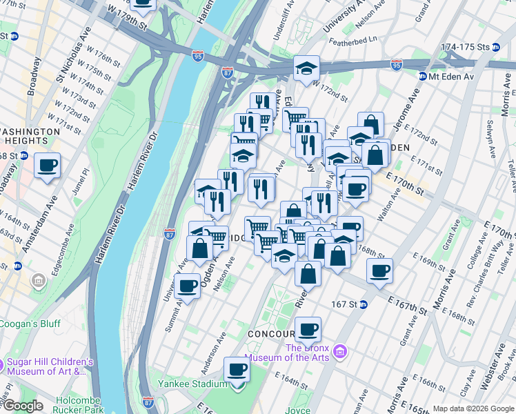 map of restaurants, bars, coffee shops, grocery stores, and more near Nelson Ave & W 168th St in Bronx