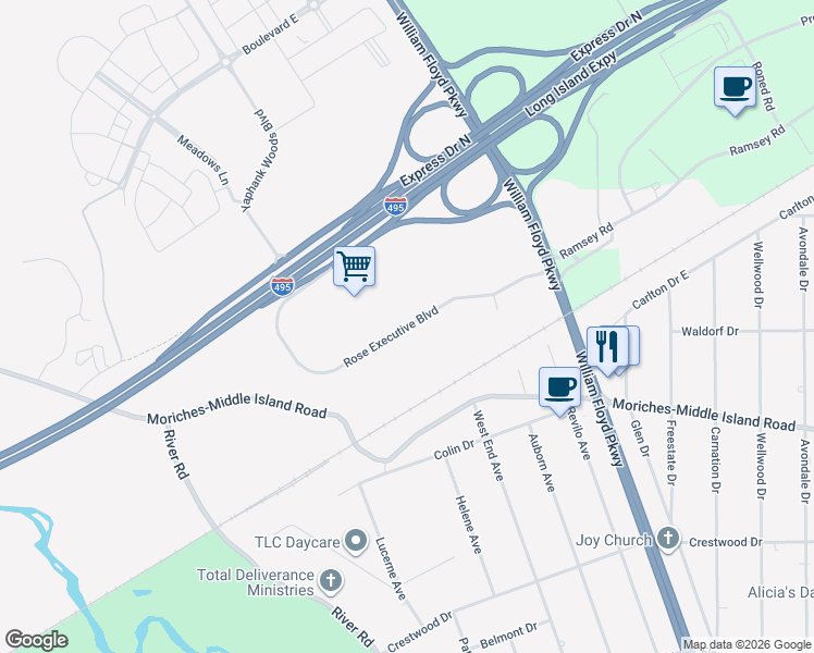 map of restaurants, bars, coffee shops, grocery stores, and more near Rose Executive Boulevard in Shirley