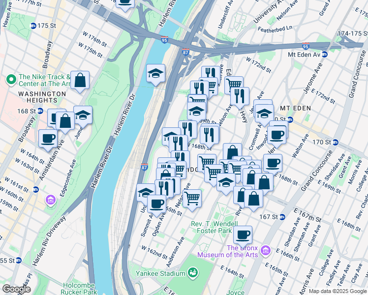 map of restaurants, bars, coffee shops, grocery stores, and more near 1247 Doctor Martin Luther King Junior Boulevard in The Bronx