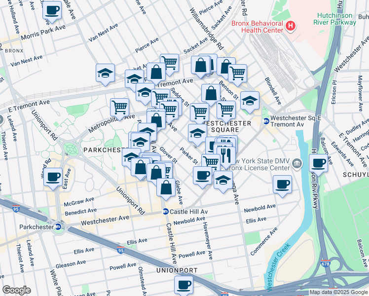 map of restaurants, bars, coffee shops, grocery stores, and more near 1570 Zerega Avenue in Bronx