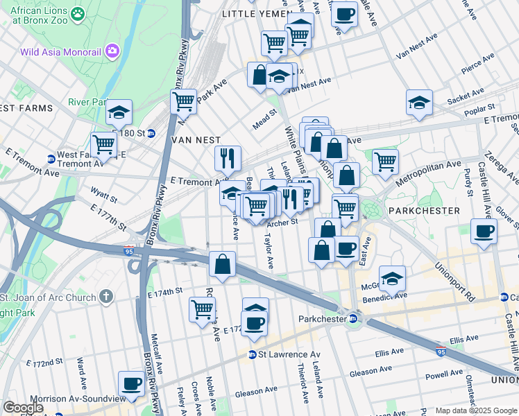 map of restaurants, bars, coffee shops, grocery stores, and more near 1533 Beach Avenue in Bronx