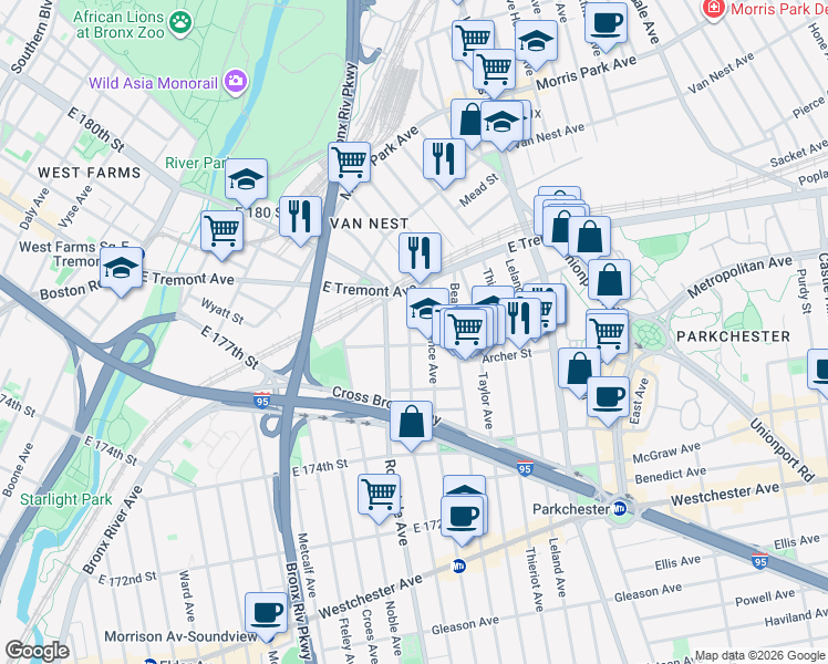 map of restaurants, bars, coffee shops, grocery stores, and more near 1532 Commonwealth Avenue in Bronx