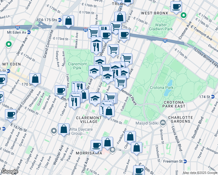 map of restaurants, bars, coffee shops, grocery stores, and more near 3840 Park Avenue in The Bronx