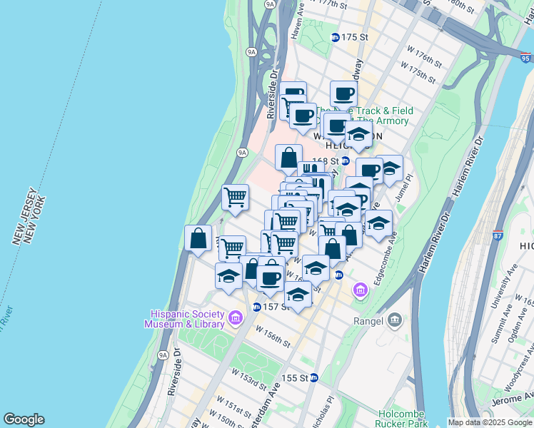 map of restaurants, bars, coffee shops, grocery stores, and more near 99 Fort Washington Avenue in New York