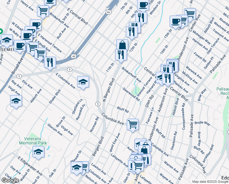 map of restaurants, bars, coffee shops, grocery stores, and more near 166 Morningside Lane in Palisades Park