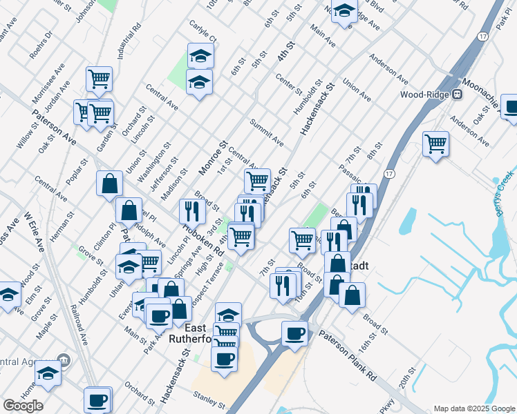 map of restaurants, bars, coffee shops, grocery stores, and more near 446 Hackensack Street in Carlstadt