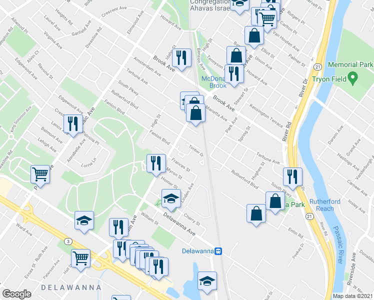 map of restaurants, bars, coffee shops, grocery stores, and more near 270 Rutherford Boulevard in Clifton