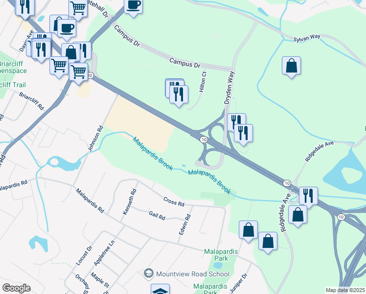map of restaurants, bars, coffee shops, grocery stores, and more near State Highway 10 in Parsippany-Troy Hills