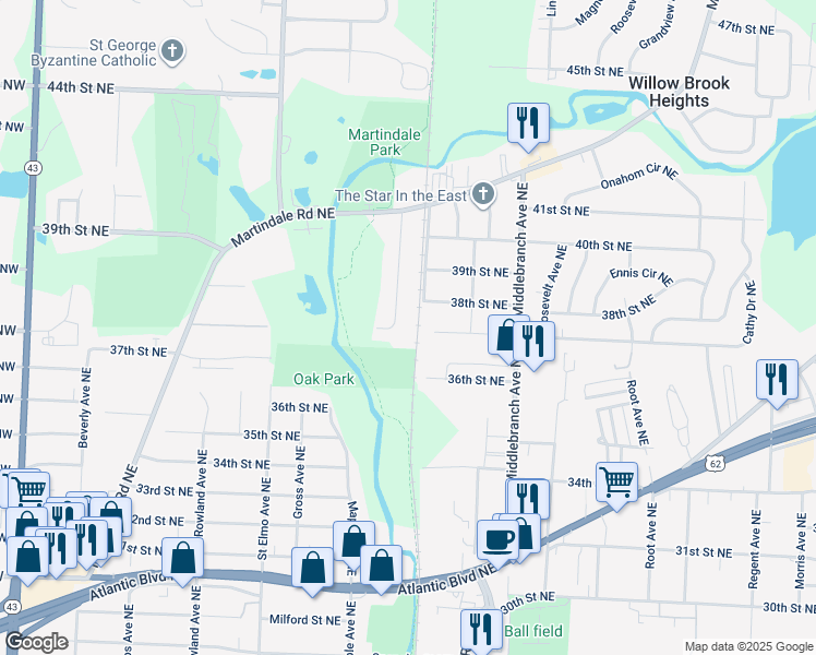 map of restaurants, bars, coffee shops, grocery stores, and more near 3752 Kaiser Avenue Northeast in Canton