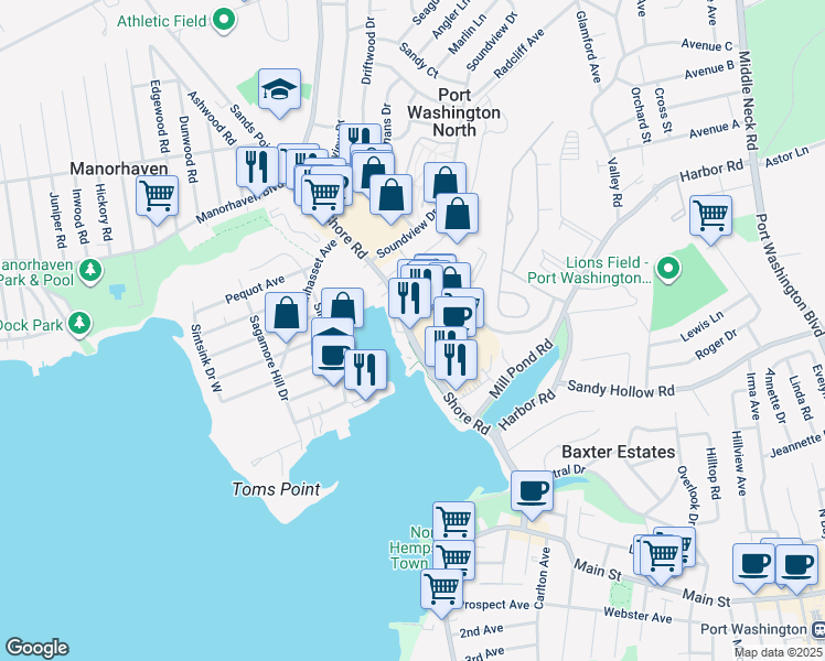 map of restaurants, bars, coffee shops, grocery stores, and more near 35 Old Shore Road in Port Washington