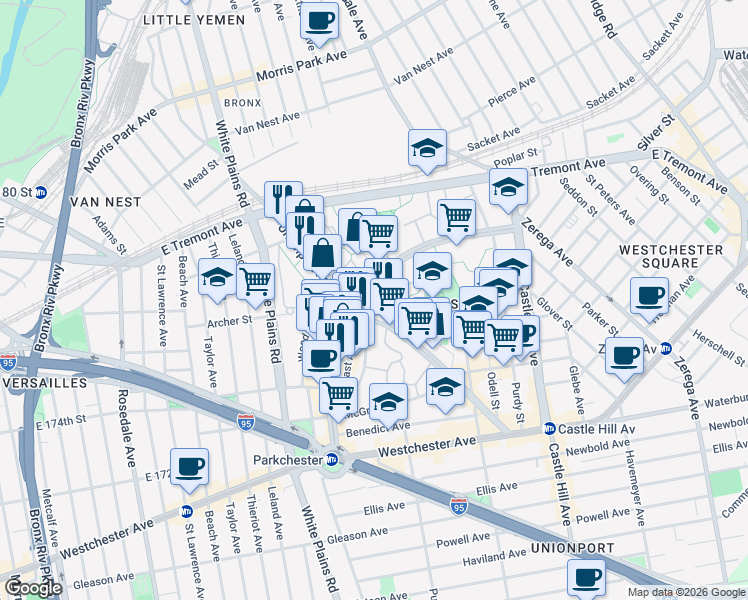 map of restaurants, bars, coffee shops, grocery stores, and more near Metropolitan Avenue in Bronx