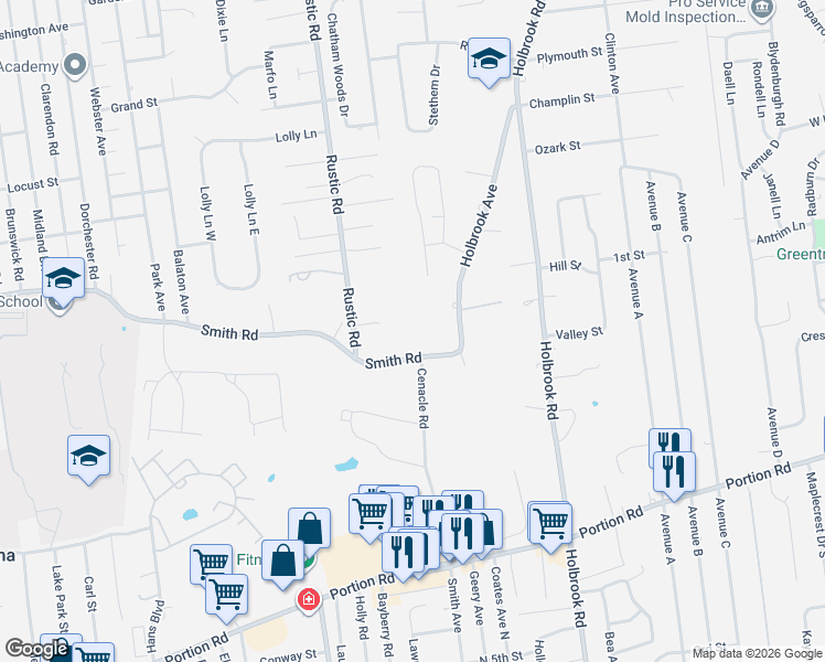 map of restaurants, bars, coffee shops, grocery stores, and more near 256 Holbrook Avenue in Ronkonkoma