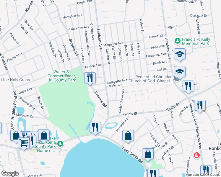 map of restaurants, bars, coffee shops, grocery stores, and more near 97 Hudson Avenue in Lake Grove