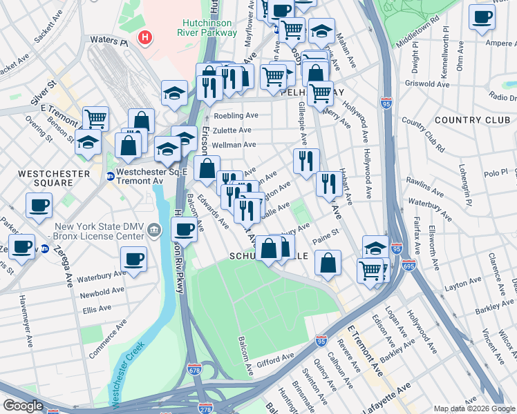 map of restaurants, bars, coffee shops, grocery stores, and more near 2826 Harrington Avenue in The Bronx