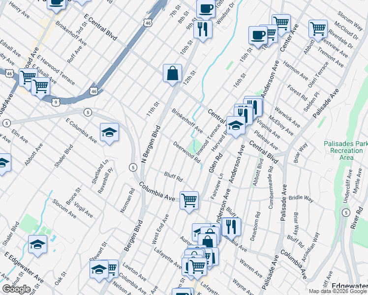 map of restaurants, bars, coffee shops, grocery stores, and more near 1105 Keswick Place in Fort Lee