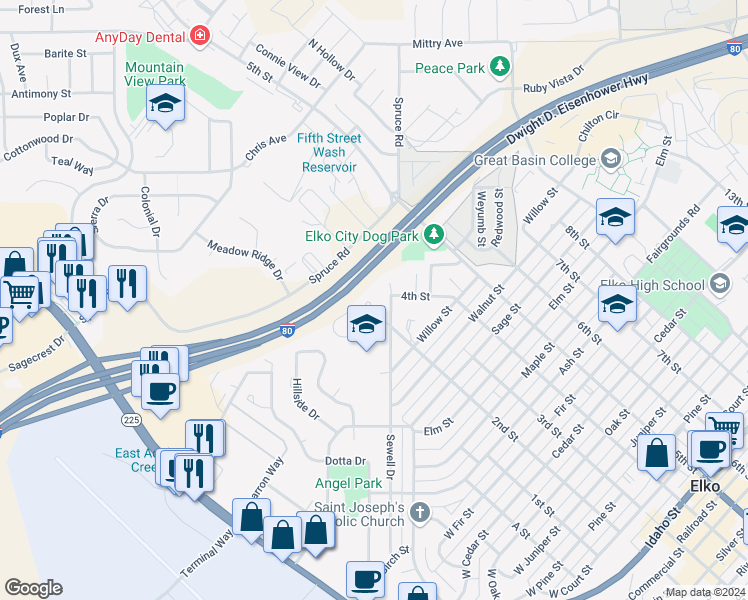 map of restaurants, bars, coffee shops, grocery stores, and more near 1728 2nd Street in Elko