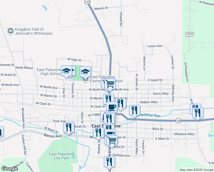 map of restaurants, bars, coffee shops, grocery stores, and more near 462 North Market Street in East Palestine