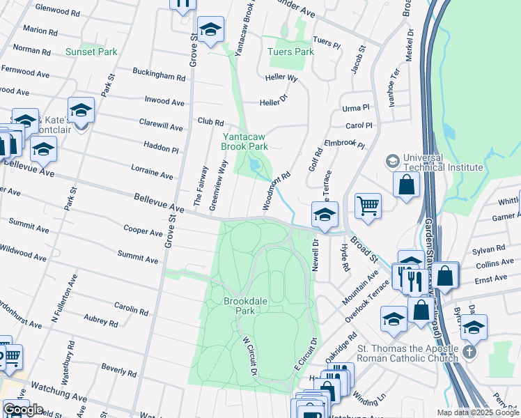 map of restaurants, bars, coffee shops, grocery stores, and more near 11 Woodmont Road in Montclair