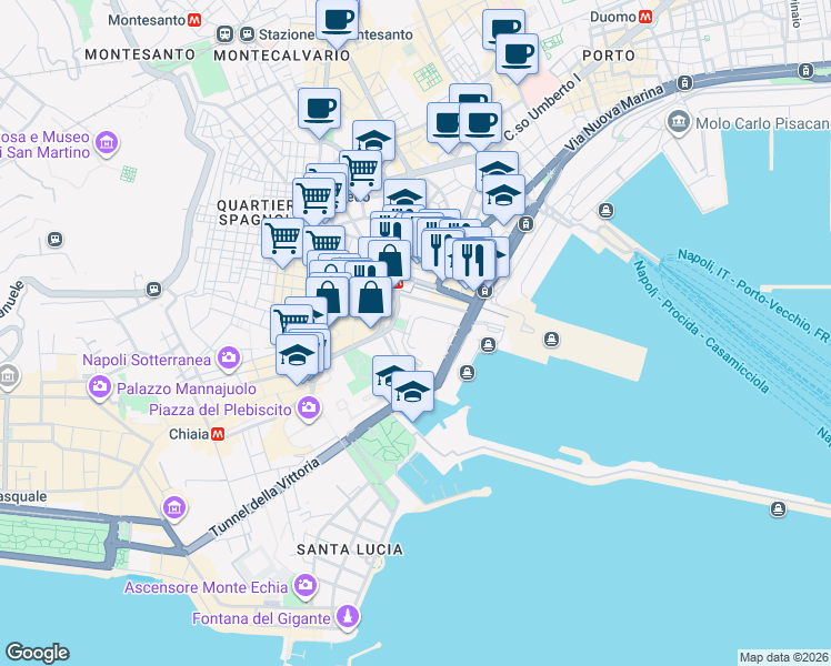map of restaurants, bars, coffee shops, grocery stores, and more near Via Vittorio Emanuele III in Napoli