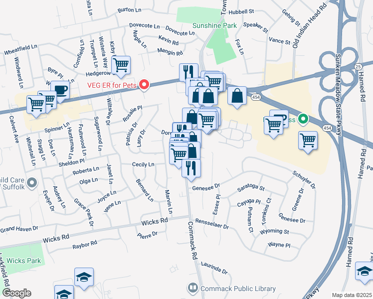 map of restaurants, bars, coffee shops, grocery stores, and more near 149 Commack Road in Commack