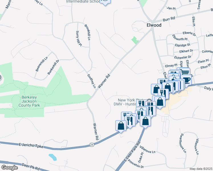 map of restaurants, bars, coffee shops, grocery stores, and more near 172 Warner Road in Huntington