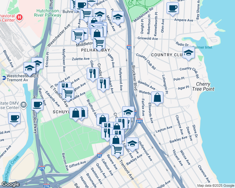 map of restaurants, bars, coffee shops, grocery stores, and more near 3049 Waterbury Avenue in Bronx