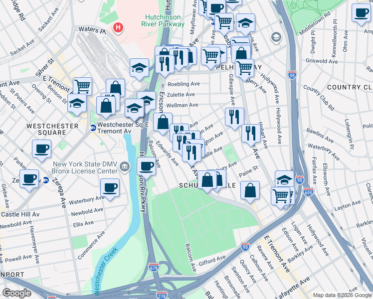 map of restaurants, bars, coffee shops, grocery stores, and more near 2826 Harrington Avenue in The Bronx