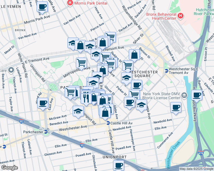 map of restaurants, bars, coffee shops, grocery stores, and more near 1650 Glover Street in Bronx