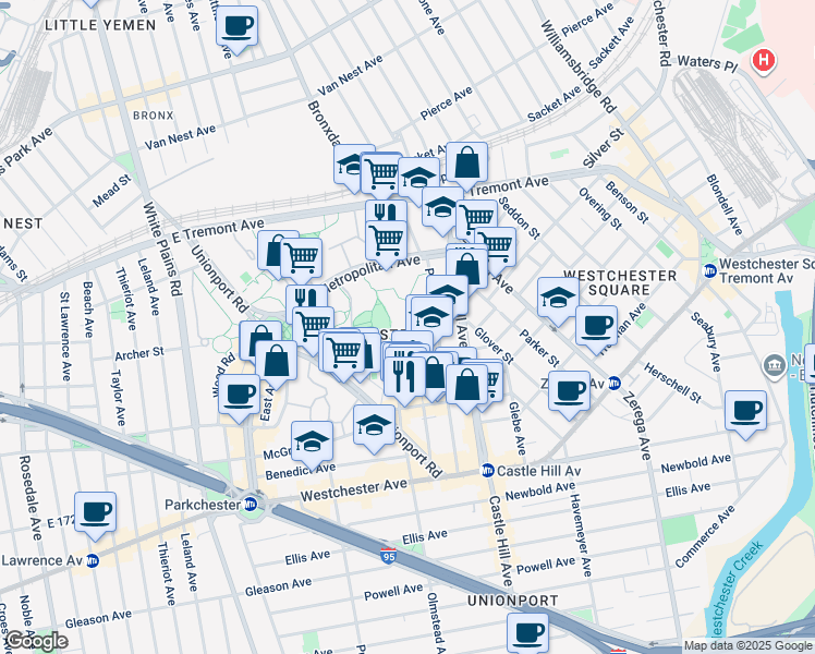 map of restaurants, bars, coffee shops, grocery stores, and more near 1585 Odell Street in Bronx
