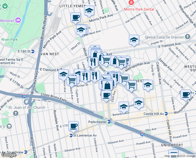 map of restaurants, bars, coffee shops, grocery stores, and more near 1536 White Plains Road in Bronx