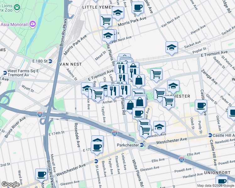 map of restaurants, bars, coffee shops, grocery stores, and more near 1542 Leland Avenue in The Bronx