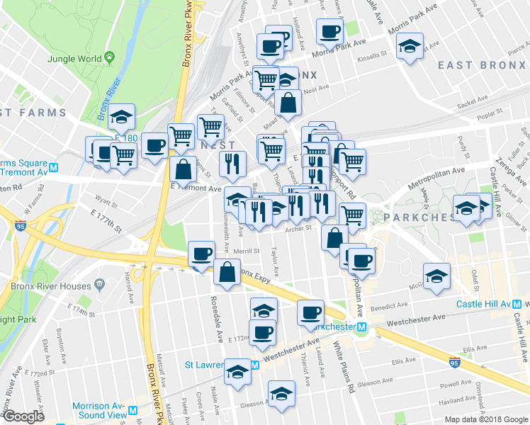 map of restaurants, bars, coffee shops, grocery stores, and more near 1533 Beach Avenue in The Bronx