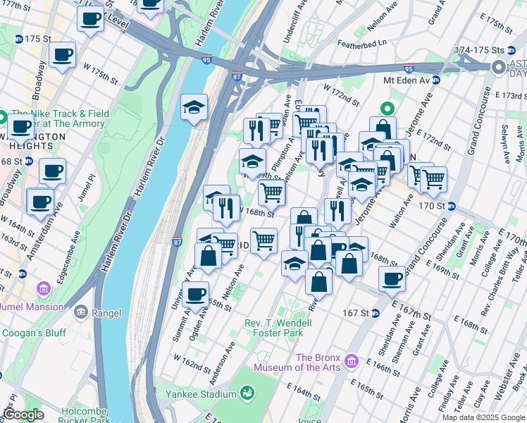 map of restaurants, bars, coffee shops, grocery stores, and more near in The Bronx