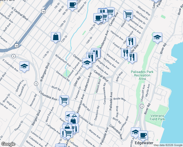 map of restaurants, bars, coffee shops, grocery stores, and more near 1196 Anderson Avenue in Fort Lee