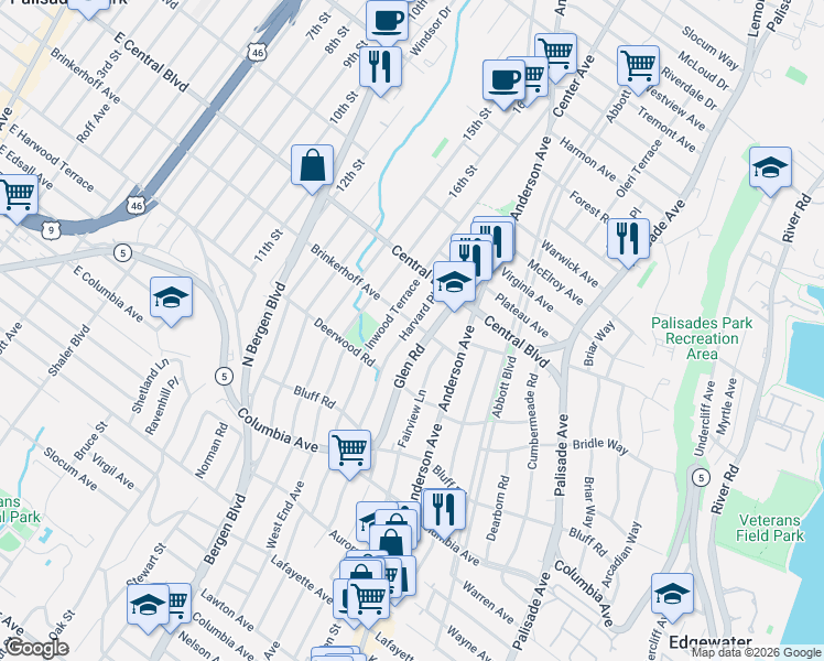 map of restaurants, bars, coffee shops, grocery stores, and more near 503 Brinkerhoff Avenue in Palisades Park