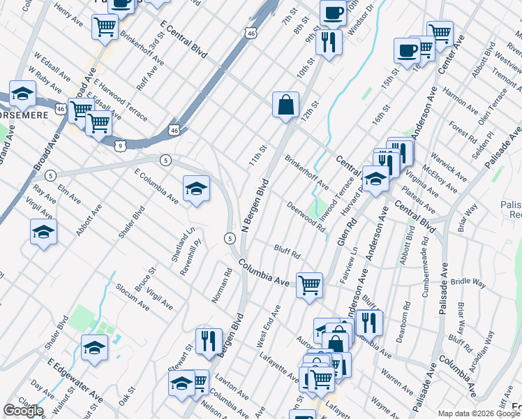 map of restaurants, bars, coffee shops, grocery stores, and more near 166 Morningside Lane in Palisades Park
