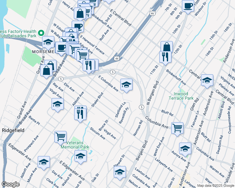 map of restaurants, bars, coffee shops, grocery stores, and more near 324B East Columbia Avenue in Palisades Park