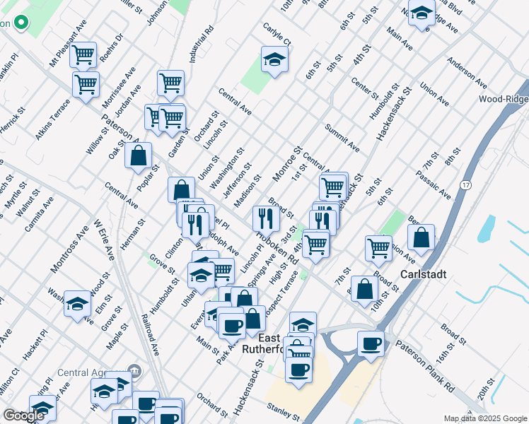 map of restaurants, bars, coffee shops, grocery stores, and more near 500 Broad Street in Carlstadt