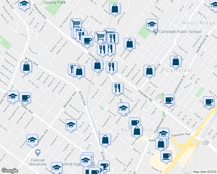 map of restaurants, bars, coffee shops, grocery stores, and more near 40 Herman Street in East Rutherford