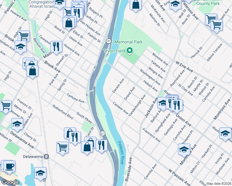 map of restaurants, bars, coffee shops, grocery stores, and more near 116 Hastings Avenue in Rutherford