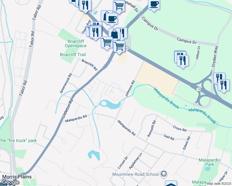 map of restaurants, bars, coffee shops, grocery stores, and more near 250 Johnson Road in Morris Plains