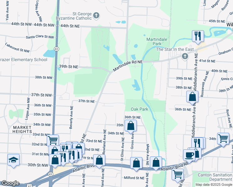map of restaurants, bars, coffee shops, grocery stores, and more near 3742 Martindale Road Northeast in Canton
