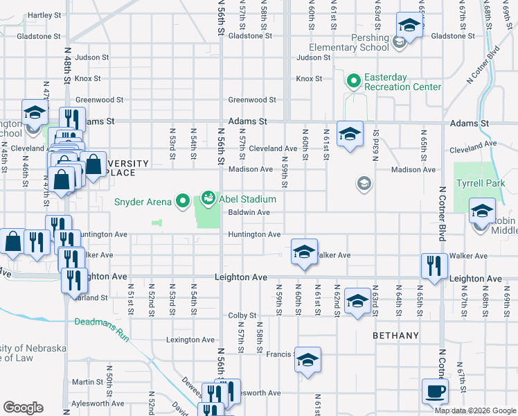 map of restaurants, bars, coffee shops, grocery stores, and more near 5725 Saint Paul Avenue in Lincoln