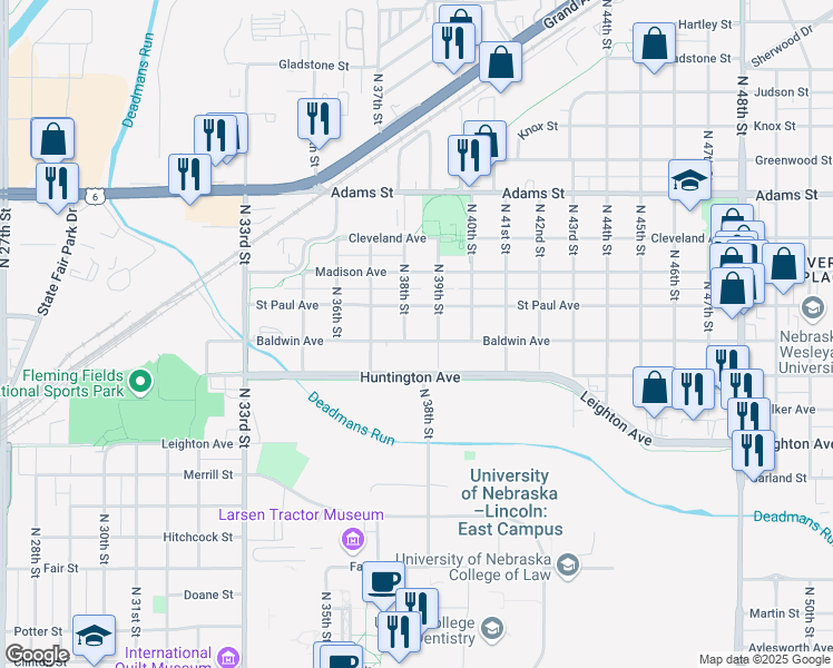 map of restaurants, bars, coffee shops, grocery stores, and more near 3831 Saint Paul Avenue in Lincoln