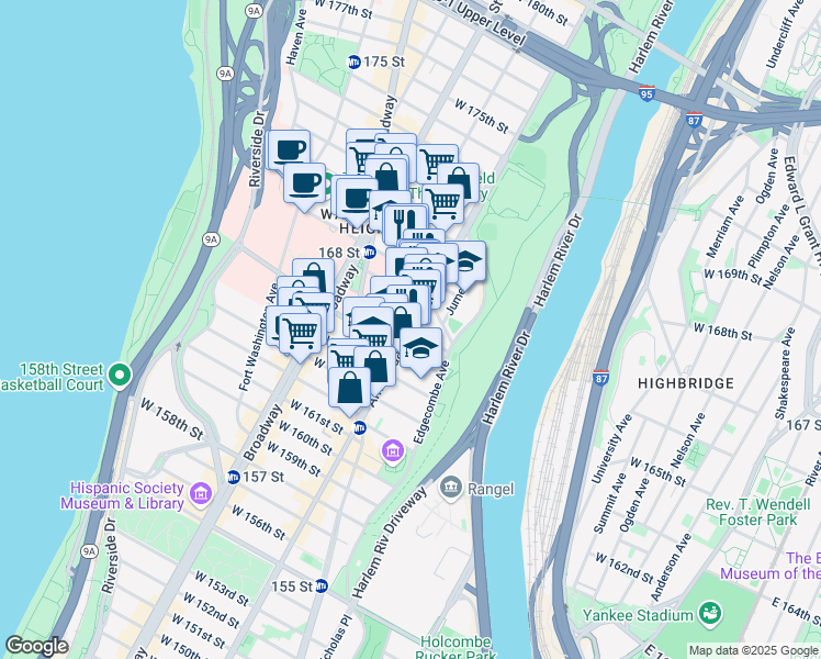 map of restaurants, bars, coffee shops, grocery stores, and more near Amsterdam Ave & W 166th St in New York