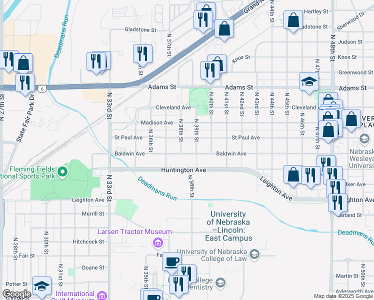 map of restaurants, bars, coffee shops, grocery stores, and more near 3831 Saint Paul Avenue in Lincoln
