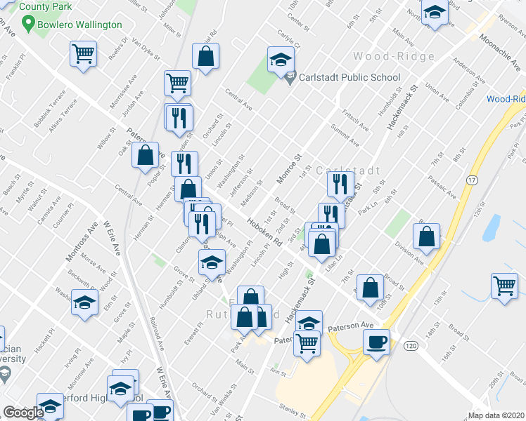 map of restaurants, bars, coffee shops, grocery stores, and more near 319 Monroe Street in Carlstadt